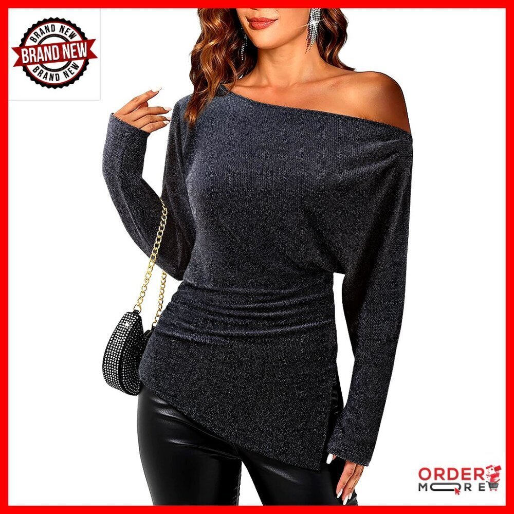 Off Shoulder Long Sleeve Blouse Ruched Waist Glitter Top Dressy Casual